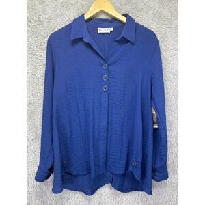 NWT Habitat Womens Small Blue Button Up Top Collared V Neck Lagenlook Artsy
